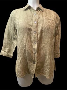 Vintage Chico's Light Tan Linen-Cotton Paisley Top,  pearl buttons